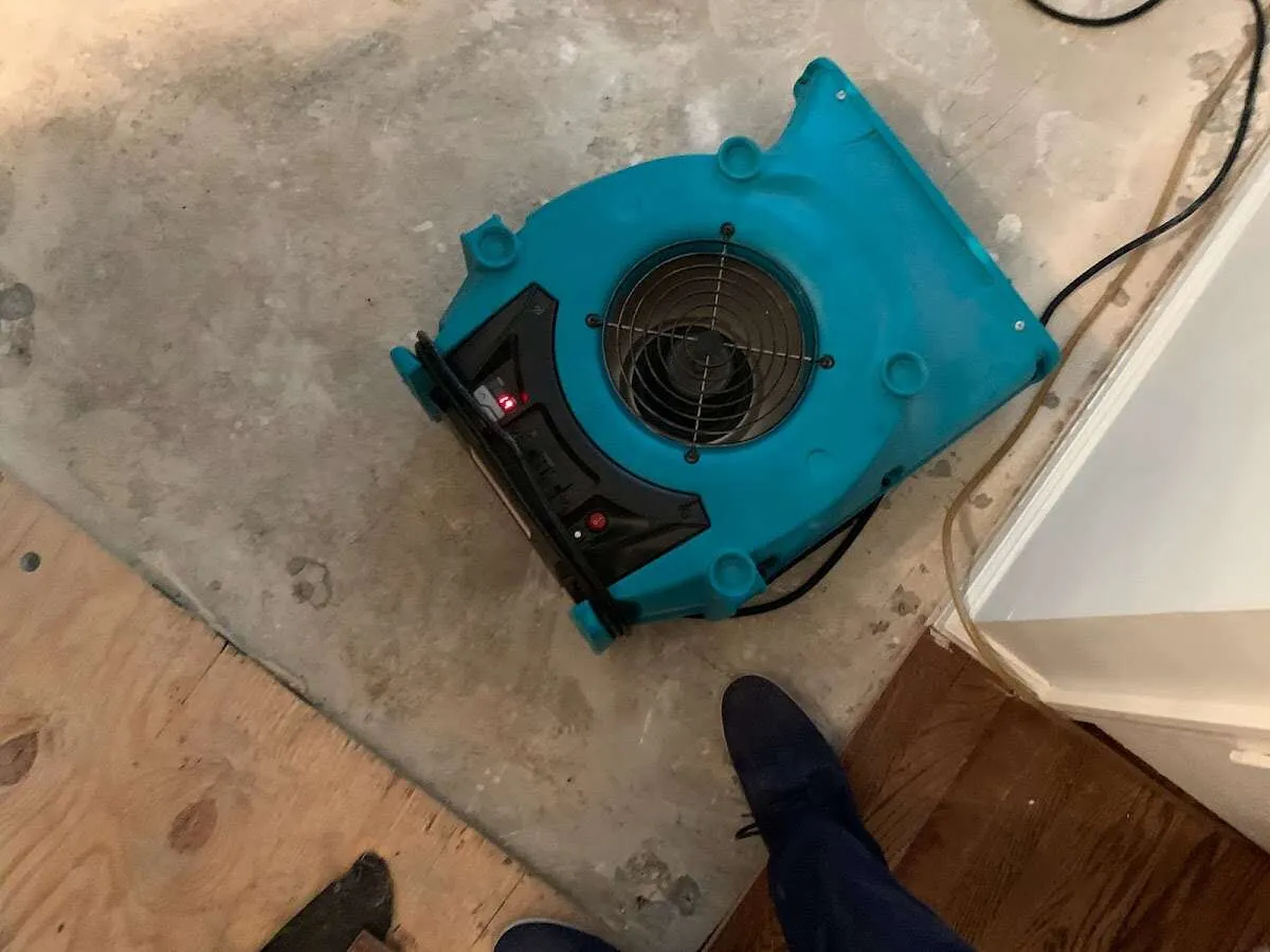 Air mover drying subfloor during Leak Detection & Repair in New Baltimore